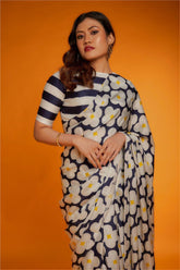Blue Satin Silk Printed Floral High Neck Saree With Striped Blous - sareeswholesalers